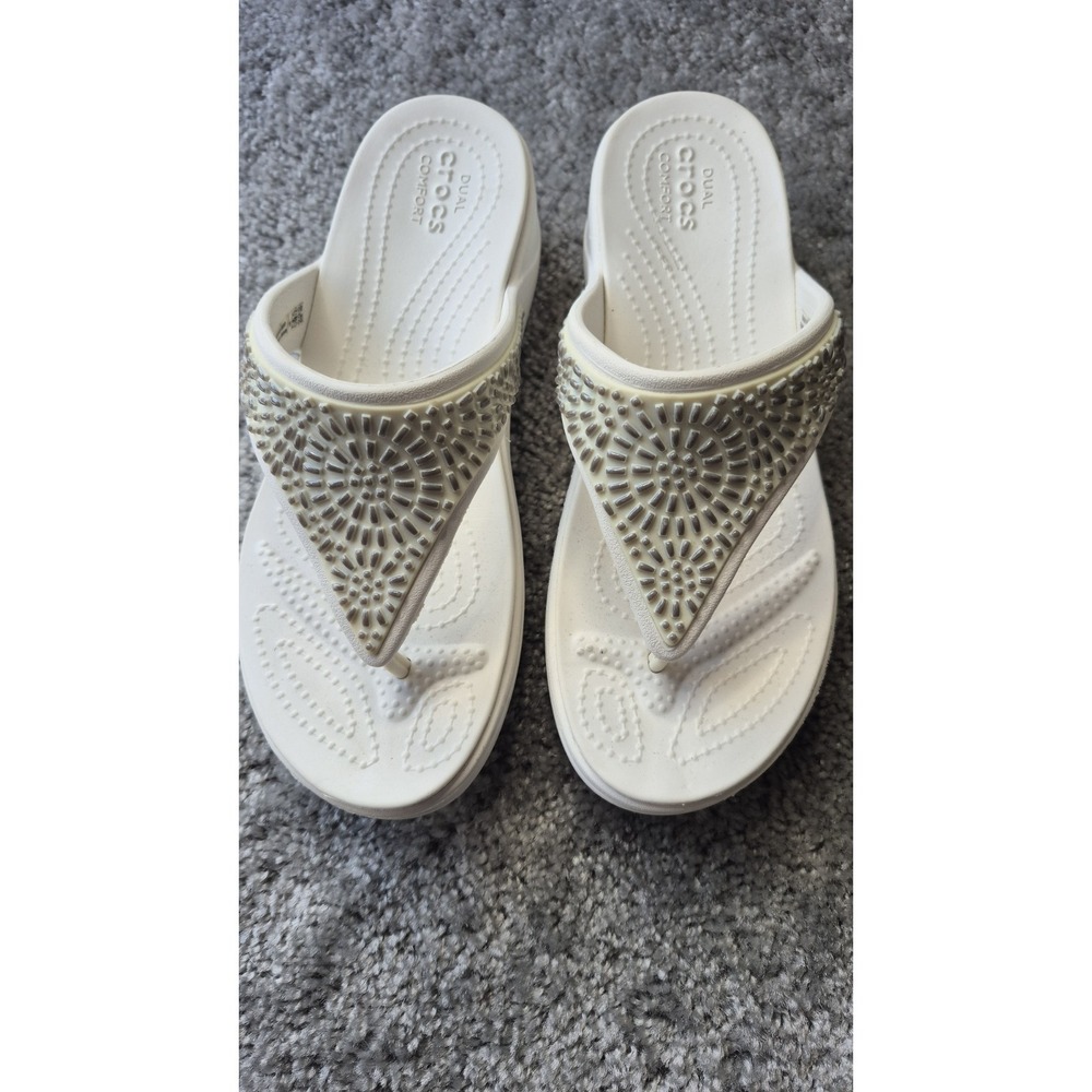 Crocs Monterey Diamante Wedge Womens US 6W Flip Flop Sandals Dual Comfort‎ White